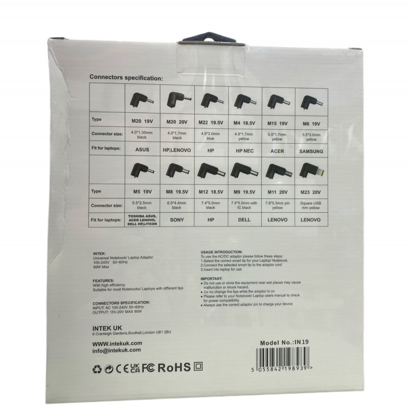 INTEK 90W Universal Laptop Charger 12X Tips 